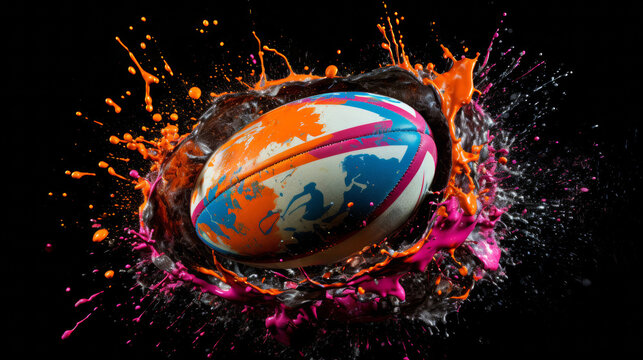 Creative dynamic shot. New Game. American football ball surrounded paint splashes in motion.