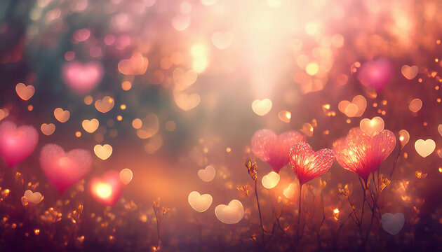 Valentines bokeh abstract background with Pantone 13 1023 peach fuzz color tones