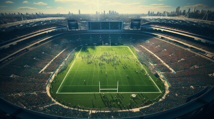 Aerial view photo of empty American football stadium with stages illuminated warm and bright sun light. Before game.