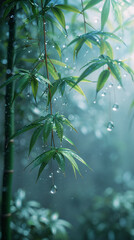 a light blue theme background, with dewdrops and a bamboo leaf hanging in a corner. AI generative