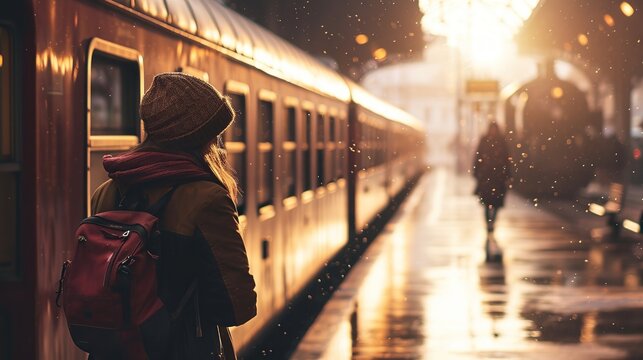 Woman is looking at arriving train at a railway station. Copy space for text.
