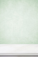 Vertical marble table surface background, White stone table top for kitchen product display background, Empty desk, shelf, counter and green wall for food and store backdrop, template