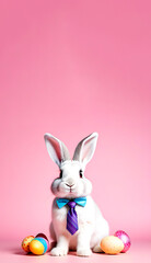 Easter rabbit with tie sitting with Easter colorful eggs on pink background. Copy place. Card design. Vertical format.