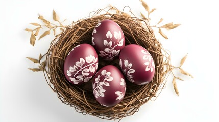 Fototapeta premium Burgundy Easter Eggs in a Nest on a white Background with Copy Space. Top View