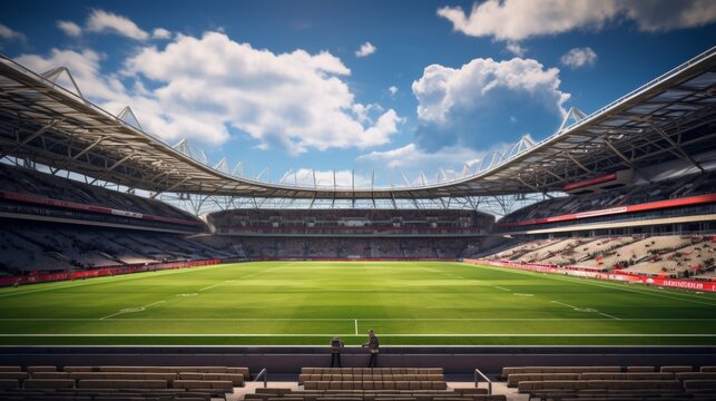 Two men stands on stages on American football, sport field, stadium in sunny summer day with cloudy sky.