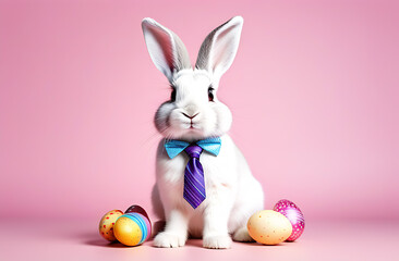 Little rabbit with tie sitting around Easter eggs on pink background. Copy place. 