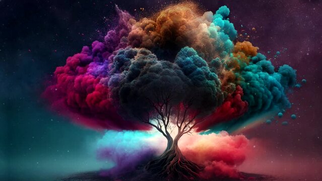 Explosion of colorful particles forming a tree, video animation for wallpaper