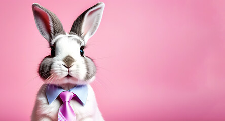 Little rabbit with tie sitting around Easter eggs on pink background. Copy place