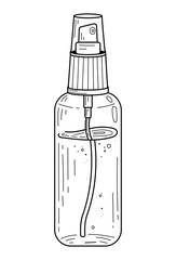 Spray bottle with liquid sketch liquid. Cosmetic antiseptic. Hand drawn line art illustration.
