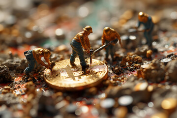 miniature figures working on a gold coin with the Bitcoin symbol.