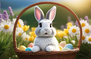 Happy Easter rabbit with Easter eggs sitting in basket. Spring flowers. Sunny day. Bokeh