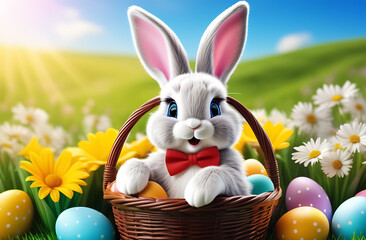 Happy Easter rabbit with red tie and Easter eggs sitting in basket. Spring flowers. Sunny day. Bokeh. 