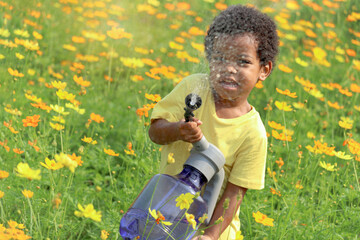 Happy smiling African boy with black curly hair watering yellow orange cosmos flower garden. Kid spending time outdoors in beautiful meadow flower, child having fun in summer park.