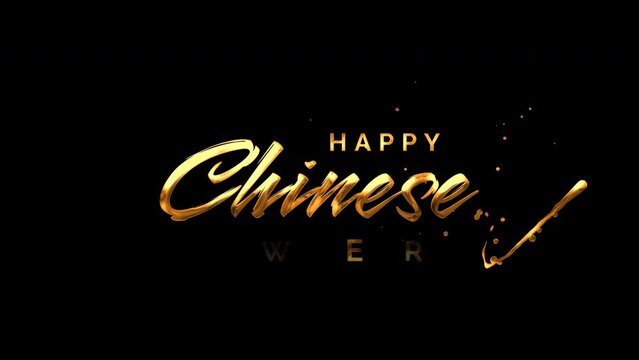 happy chinese new year handwritten animated text in gold color, lettering with alpha or transparent background, for banner, social media feed wallpaper stories sale