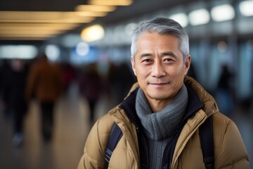 Fototapeta premium Portrait of a tender asian man in his 60s wearing a trendy bomber jacket against a bustling airport terminal background. AI Generation