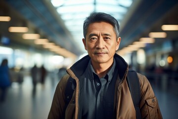 Obraz premium Portrait of a tender asian man in his 60s wearing a trendy bomber jacket against a bustling airport terminal background. AI Generation