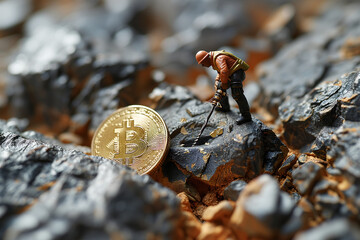 A small figure of a miner with a drill standing next to a gold bitcoin on a pile of rocks.