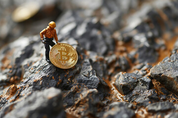 A miniature figure of a miner is digging through a pile of rocks to find a Bitcoin. isolated on white background