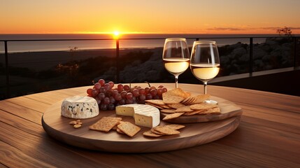 Wine Glasses, Cheese Plate, Fresh Grapes at Sunset - Ideal for Summer Events and Wine Tastings