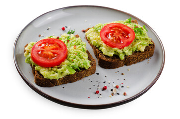 Avocado Toasts with Tomato, Healthy Snack or Breakfast on White Background