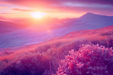 plants on the ground, frozen purple and red berries, more vivid colours, sunset. AI generative