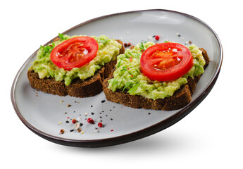 Avocado Toasts with Tomato, Healthy Snack or Breakfast on White Background