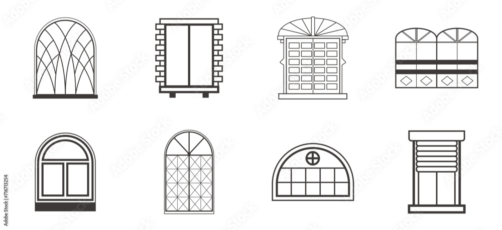 Poster retro to modern windows icon set. vector railing symbol in outline flat style isolated on white back
