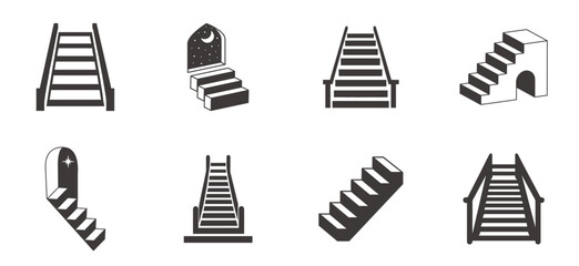 A set of Vector silhouette of Stairs on white background. Stairs interior design.