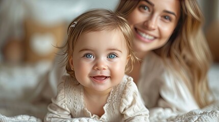 happy mother and  her cute baby  on the floor