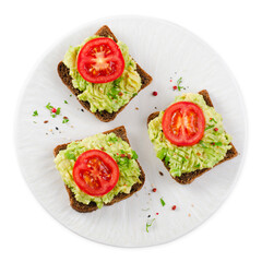 Avocado Toasts with Tomato, Healthy Snack or Breakfast on White Background