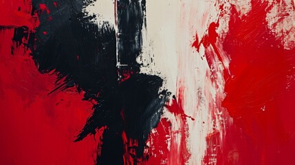 Abstract expressionist painting with bold red and black strokes on canvas background