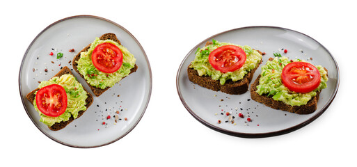 Avocado Toasts with Tomato, Healthy Snack or Breakfast on White Background