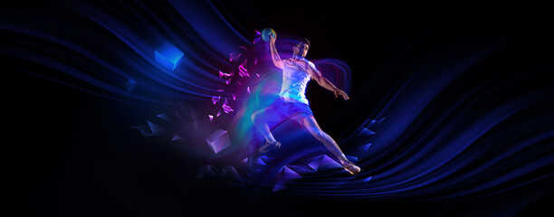 Dynamic image of young man, handball player in motion, training on dark background with polygonal...