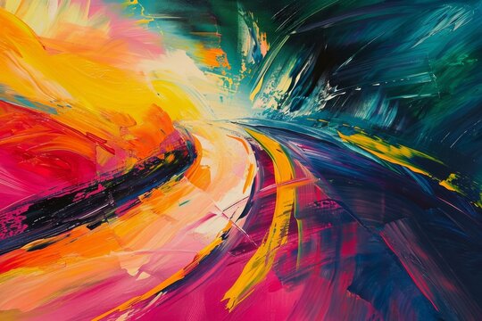 Abstract, colorful painting of a track with dynamic brush strokes, representing energy and motion