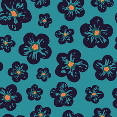 Obraz premium Floral vector seamless pattern. Little dark flowers on blue background. Trendy modern abstract flowers drawn with brush texture. Ditsy floral background for textile, fabrics, print design