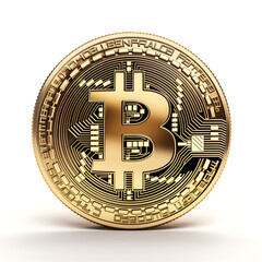A single Bitcoin coin in gold color, with circuit board pattern, on white isolated background.