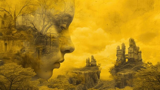 Fototapeta Artistic yellow-toned collage of a serene face and ancient castles. Double exposure