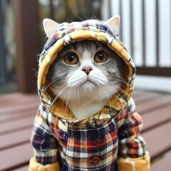 Charming, cute cats in beautiful, warm outerwear. Adorable cat faces resembling humans in clothes. Funny cats. Funny cat photos.