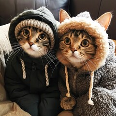 Charming, cute cats in beautiful, warm outerwear. Adorable cat faces resembling humans in clothes. Funny cats. Funny cat photos.