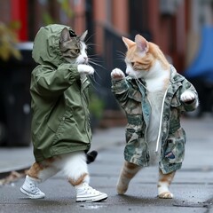 Charming, cute cats in beautiful, warm outerwear. Adorable cat faces resembling humans in clothes. Funny cat photos.