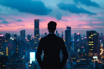 Fototapeta na wymiar Businessman on a rooftop looking over the city skyline