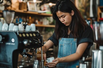 Fototapeta na wymiar Young Asian female barista preparing coffee in a trendy cafe, wearing a denim apron, with a focus on her skilled hands