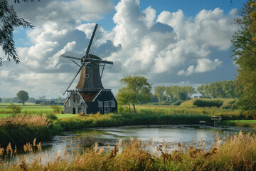 Fototapeta premium Old windmill in a dutch countryside in Holland
