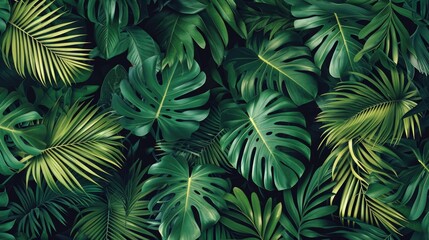 Natural green tones of dense jungle foliage close-up