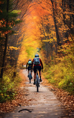 Two cyclists riding along an autumn forest road, back view, wellness and sport activity in autumn