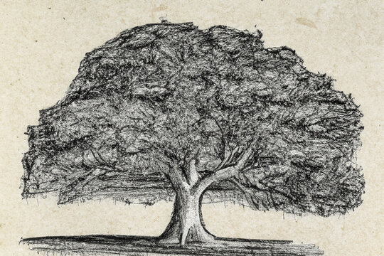 detailed drawing. realistic black and white drawing of a tree on paper, close-up. drawings concept