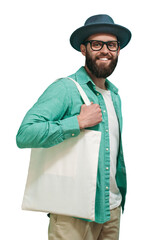 Young man is holding white textile eco bag. Mockup for design