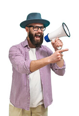 Funny portrait of an emotional hipster guy with a megaphone. Collage in magazine style. Flyer with...