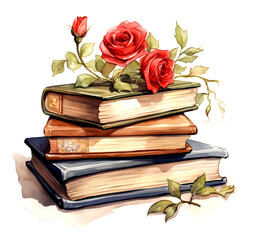 watercolor image of some quill pen and old scroll with red roses in them set, 4000pixel,300DPI, illustrations Planner elements for Commercial use