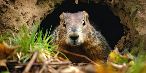 groundhog peeks out of a hole in the spring, Groundhog Day, banner, poster